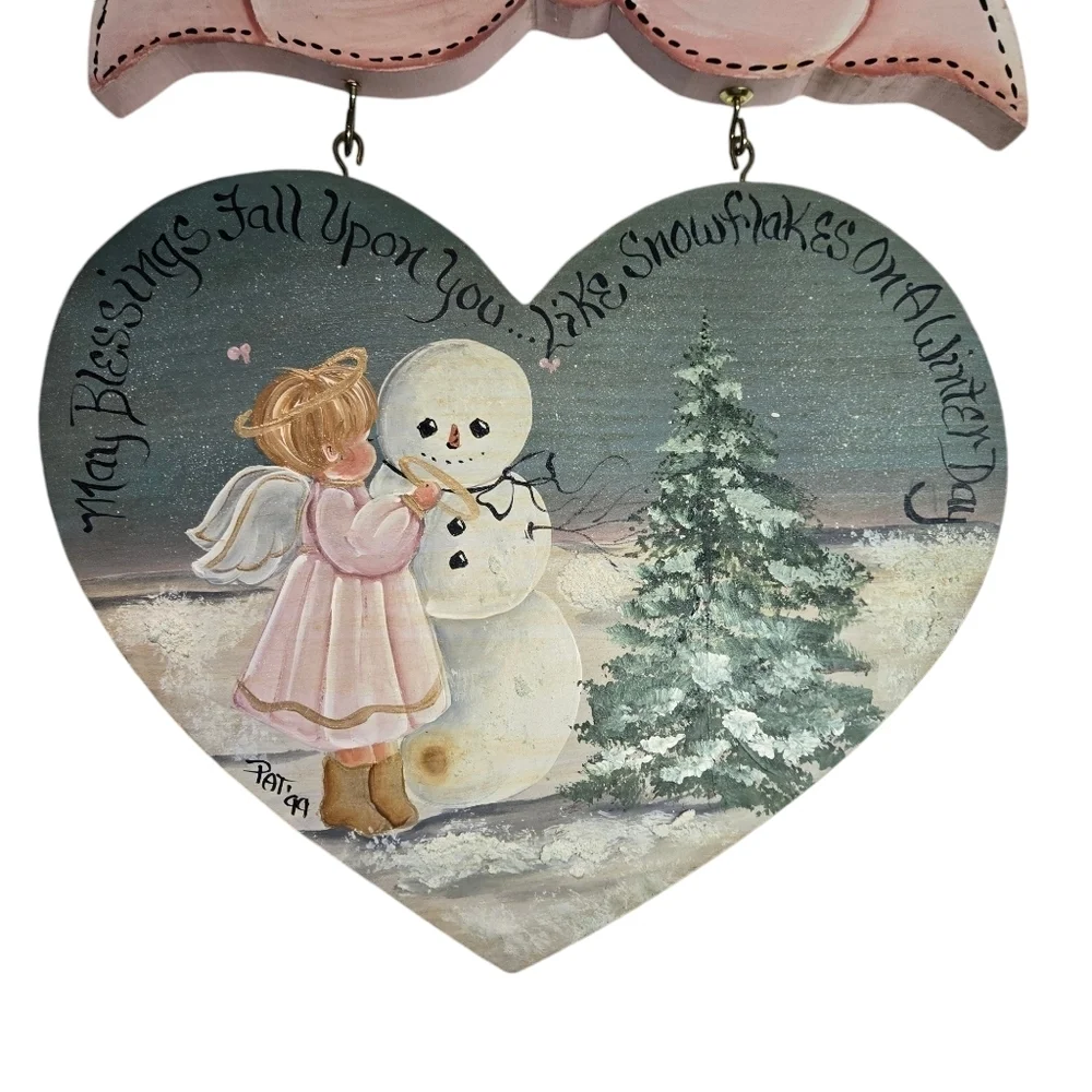 Hand Crafted Winter Decoration Wood Plaque Snowman Angel Blessings Blue Pink